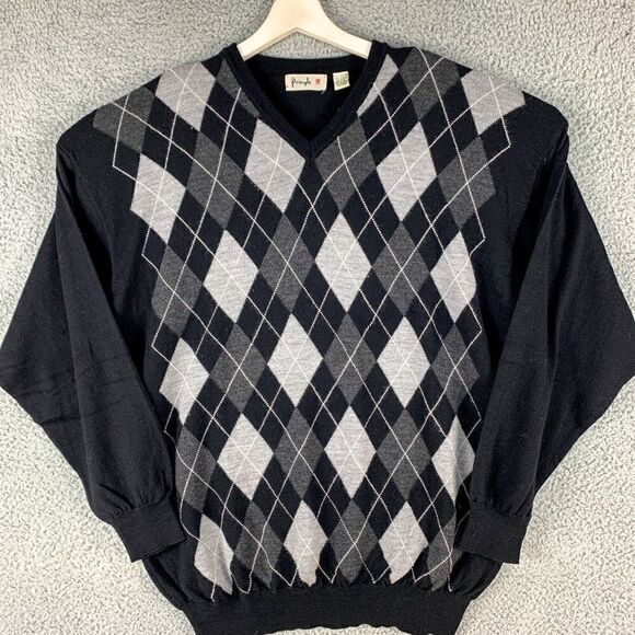 Pringle of Scotland Argyle Sweater Mens Extra Large Black Merino Wool Casual - Picture 1 of 12